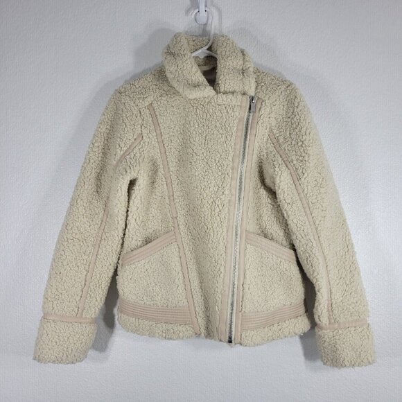 Abercrombie and Fitch Fleece Moto Jacket Women Small Faux Leather Trim Beige - Picture 1 of 13